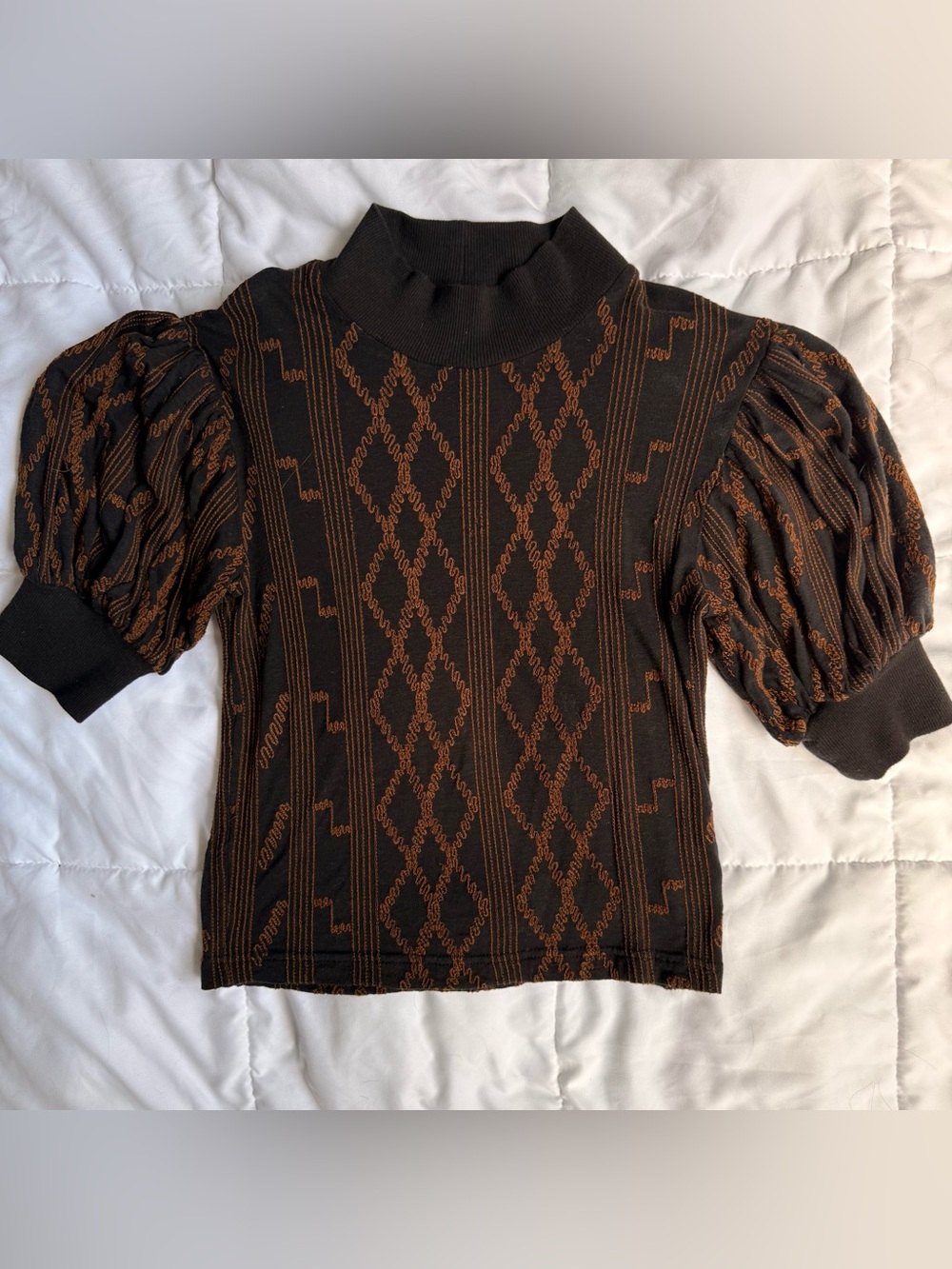 Free People Brown/Black Diamond Pattern Puff Sleeve Mock Neck Top